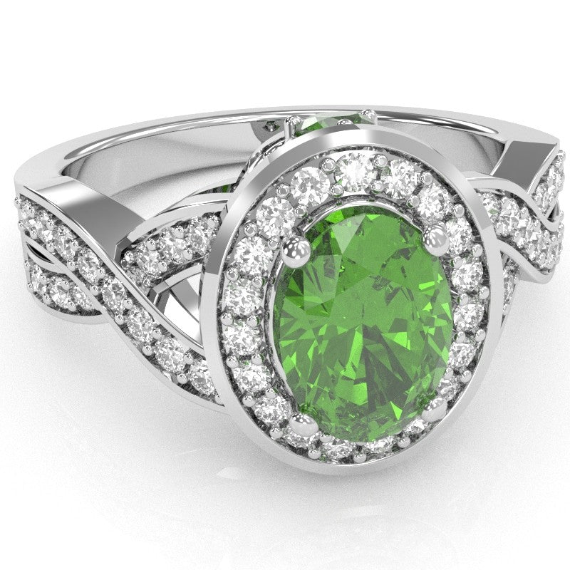 Three Stone Peridot Diamond Peekaboo Halo Engagement Ring In 14k White Gold