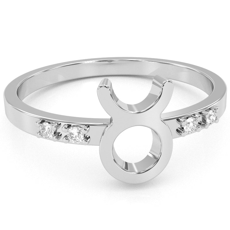 Taurus Zodiac Sign Diamond Ring In Solid 14k White Gold