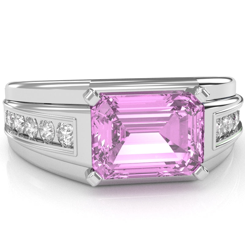 Men's Lab-Created Pink Sapphire Diamond Channel Ring In Solid 14k White Gold