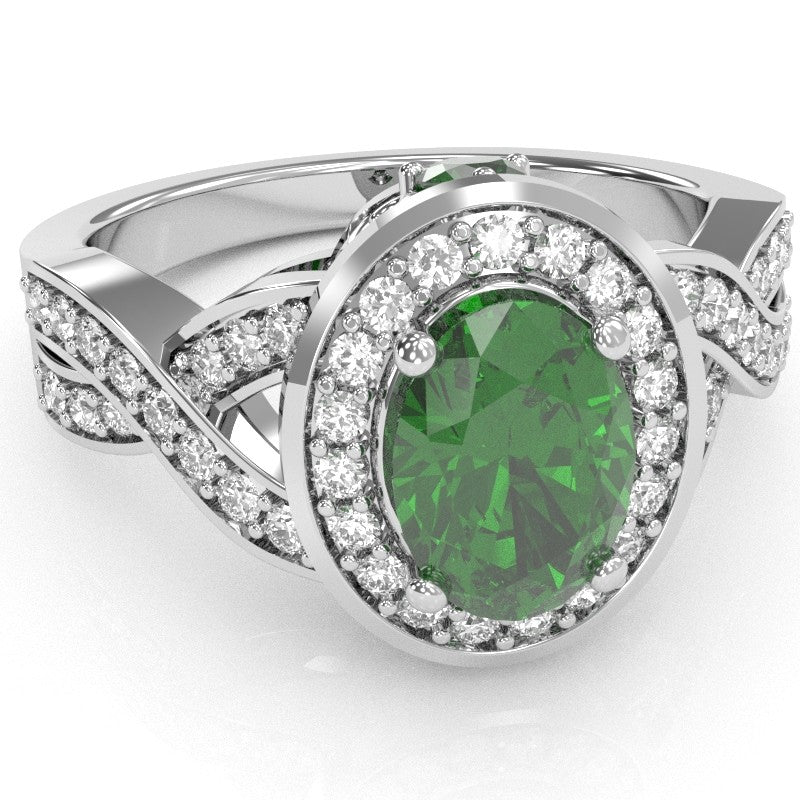 Three Stone Lab-Created Emerald Diamond Peekaboo Halo Engagement Ring In 14k White Gold
