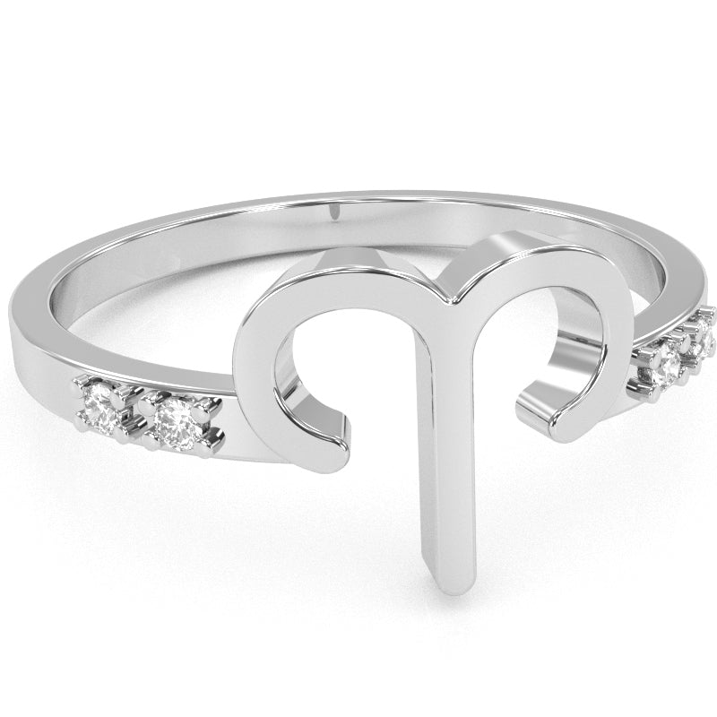 Aries Zodiac Sign Diamond Ring In Solid 14k White Gold