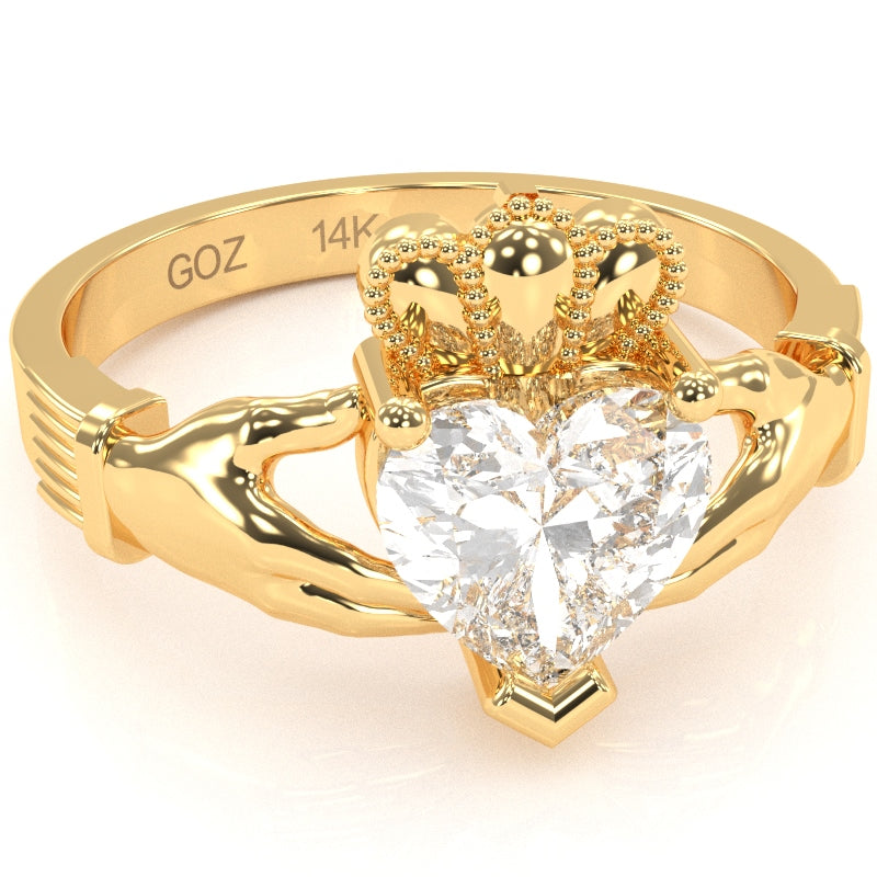 Claddagh White Topaz Ring In Solid 14k Yellow Gold