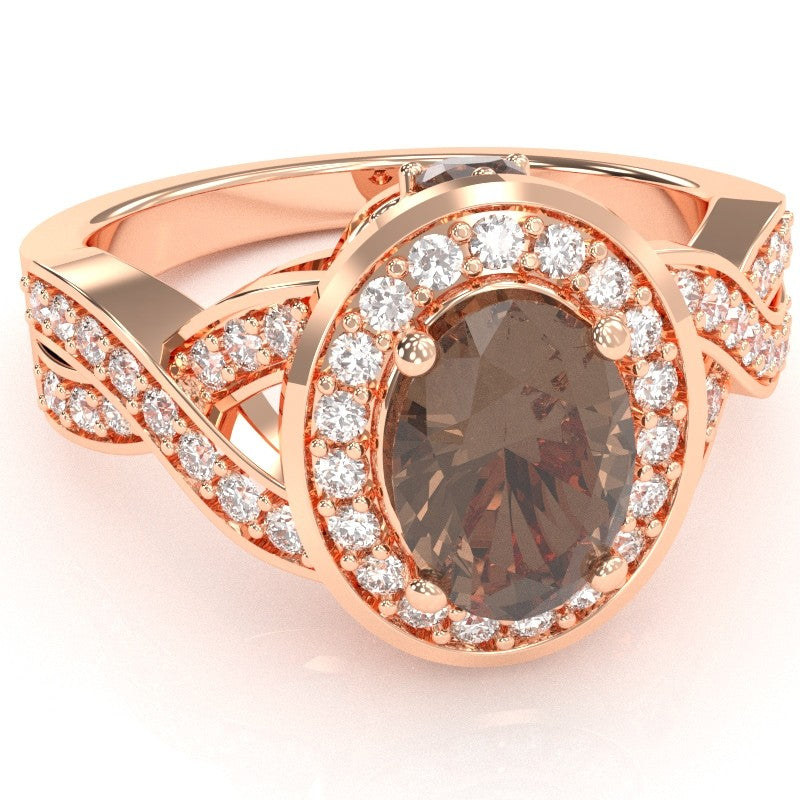 Three Stone Smoky Quartz Diamond Peekaboo Halo Engagement Ring In 14k Rose Gold