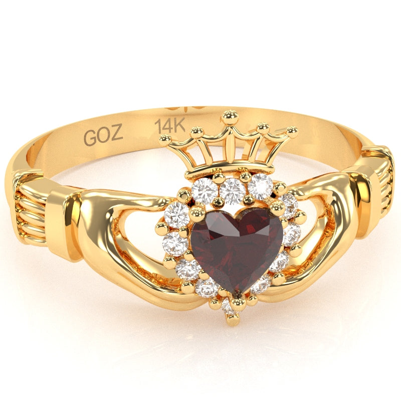 Claddagh Garnet Diamond Ring In Solid 14k Yellow Gold