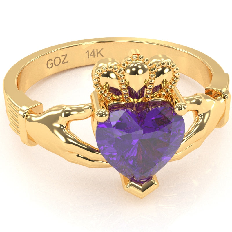 Claddagh Amethyst Ring In Solid 14k Yellow Gold
