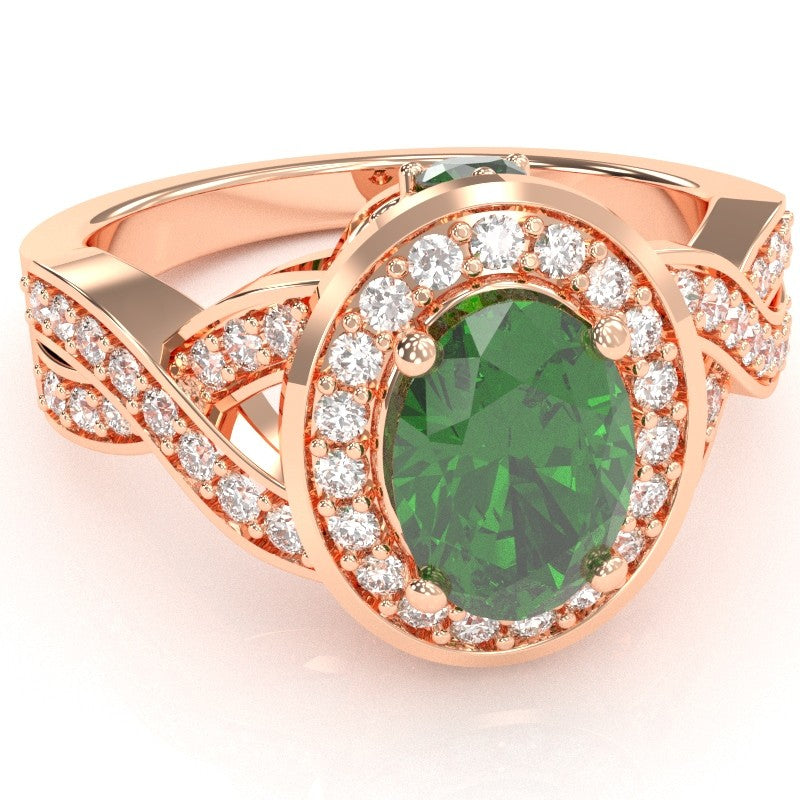Three Stone Lab-Created Emerald Diamond Peekaboo Halo Engagement Ring In 14k Rose Gold
