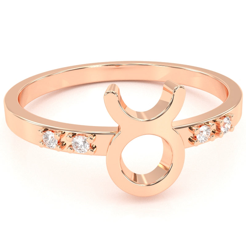 Taurus Zodiac Sign Diamond Ring In Solid 10k Rose Gold