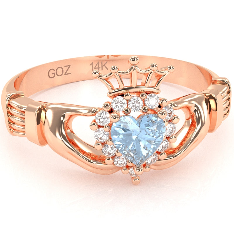 Claddagh Aquamarine Diamond Ring In Solid 14k Rose Gold