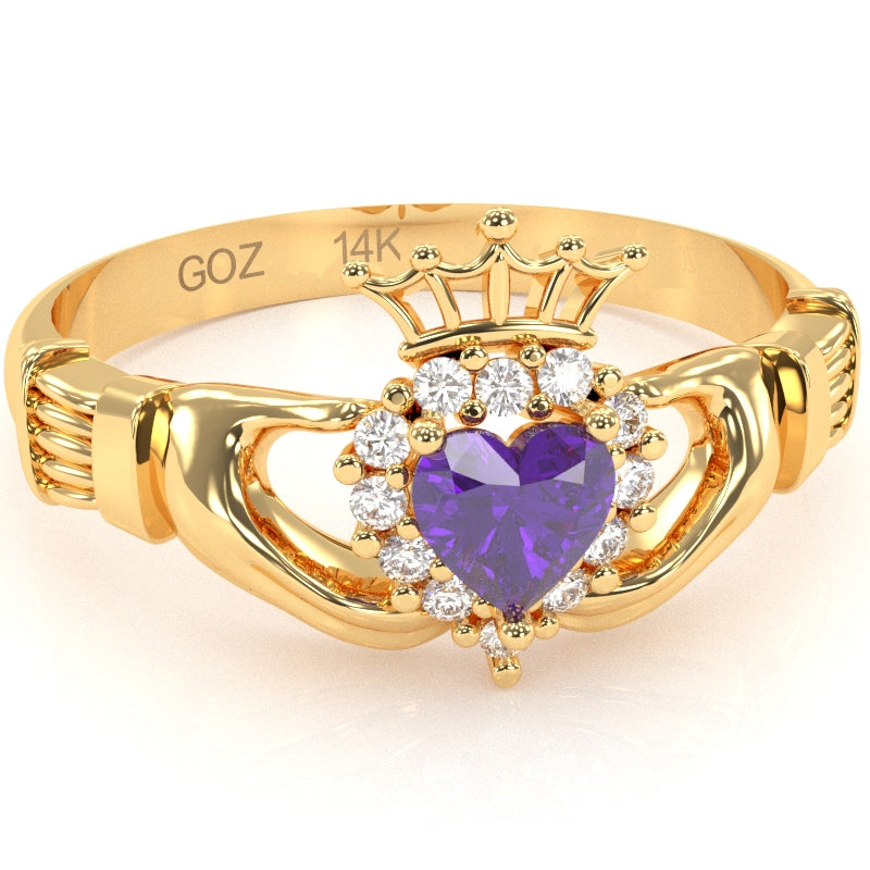 Claddagh Amethyst Diamond Ring In Solid 14k Yellow Gold