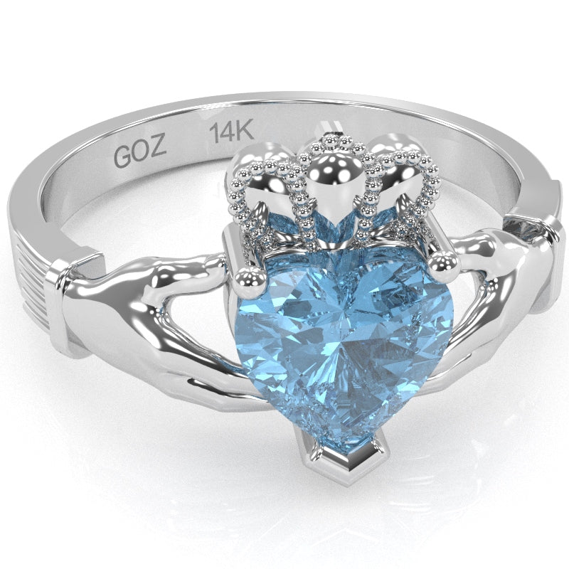 Claddagh Blue Topaz Ring In Solid 14k White Gold