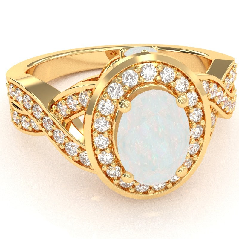 Three Stone Opal Diamond Peekaboo Halo Engagement Ring In 14k Yellow Gold