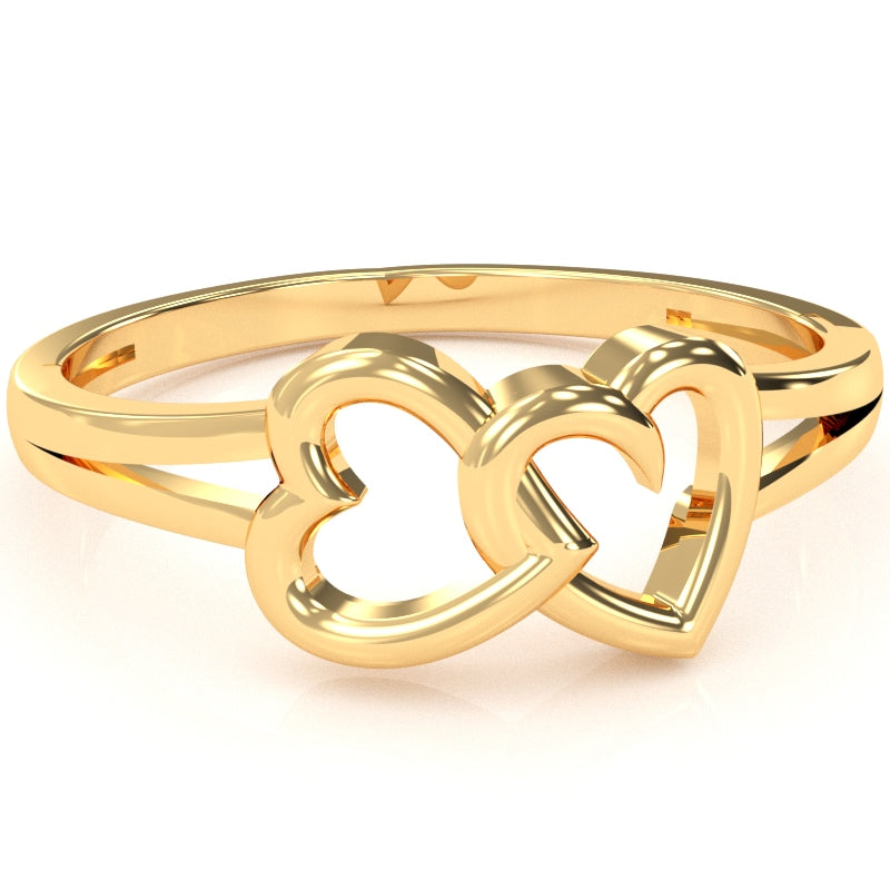 Double Heart Love Ring In Solid 14k Yellow Gold