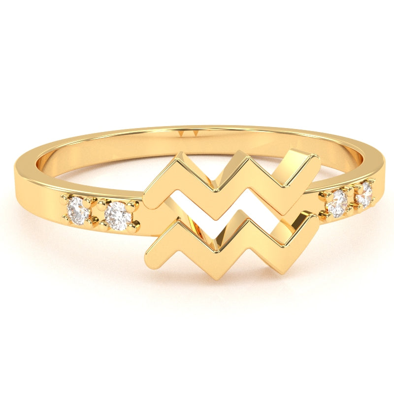 Aquarius Zodiac Sign Diamond Ring In Solid 10k Yellow Gold