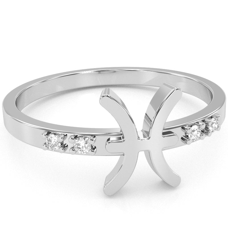 Pisces Zodiac Sign Diamond Ring In Solid 14k White Gold