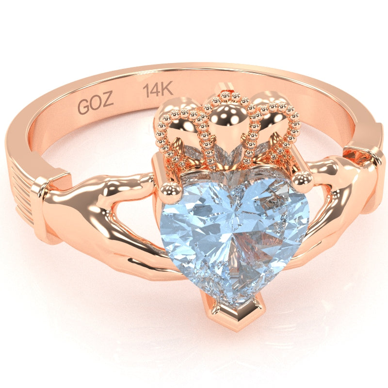Claddagh Aquamarine Ring In Solid 14k Rose Gold
