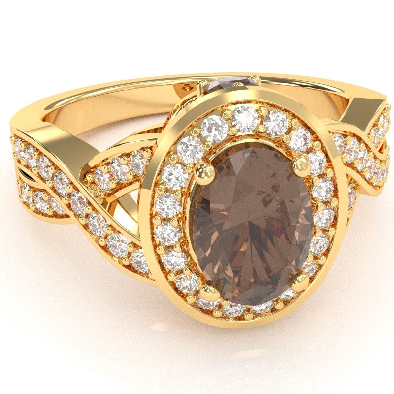 Three Stone Smoky Quartz Diamond Peekaboo Halo Engagement Ring In 14k Yellow Gold