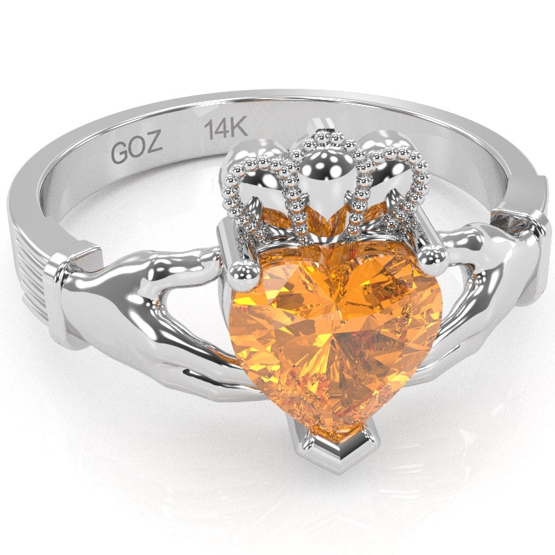 Claddagh Citrine Ring In Solid 14k White Gold