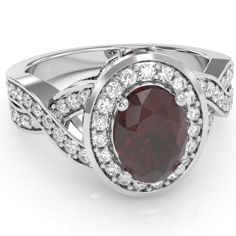Three Stone Garnet Diamond Peekaboo Halo Engagement Ring In 14k White Gold