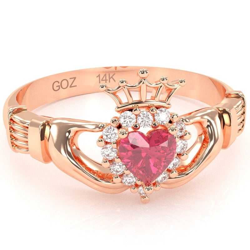 Claddagh Pink Tourmaline Diamond Ring In Solid 14k Rose Gold