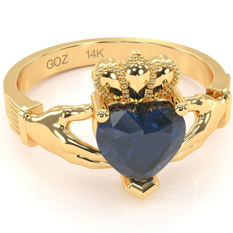 Claddagh Lab-Created Sapphire Ring in Solid 14K Yellow Gold 6