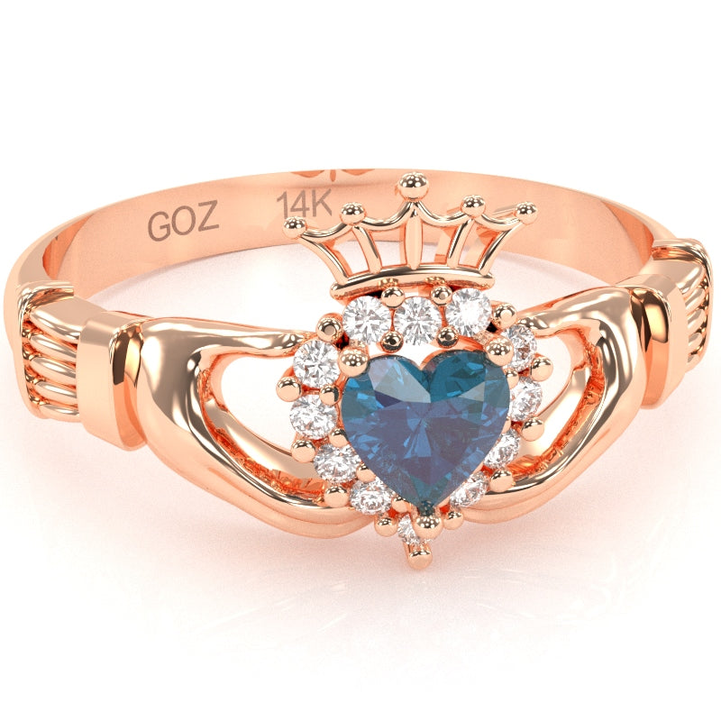 Claddagh Lab-Created Alexandrite Diamond Ring In Solid 14k Rose Gold
