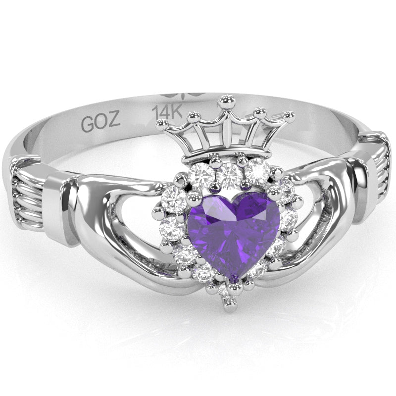 Claddagh Amethyst Diamond Ring In Solid 14k White Gold