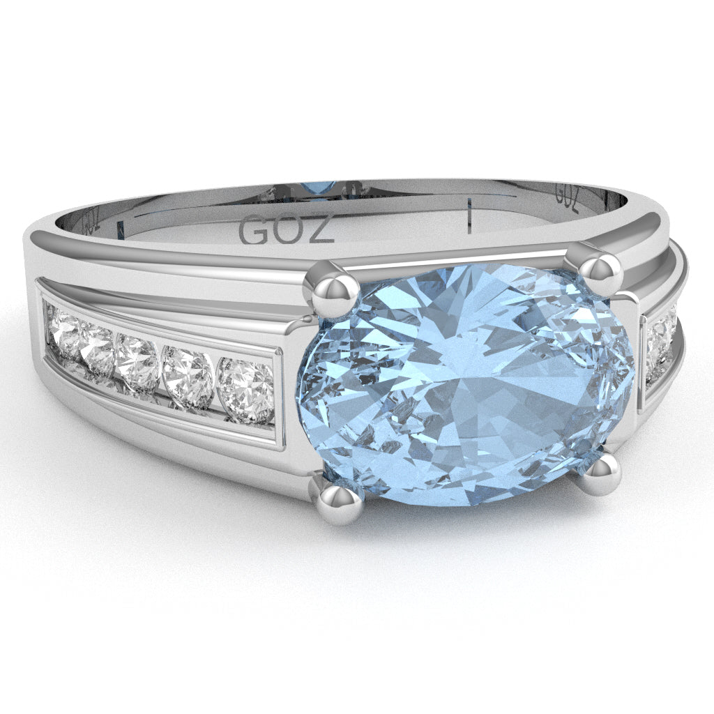 Aquamarine Diamond Designer Channel Ring In 10k White Gold
