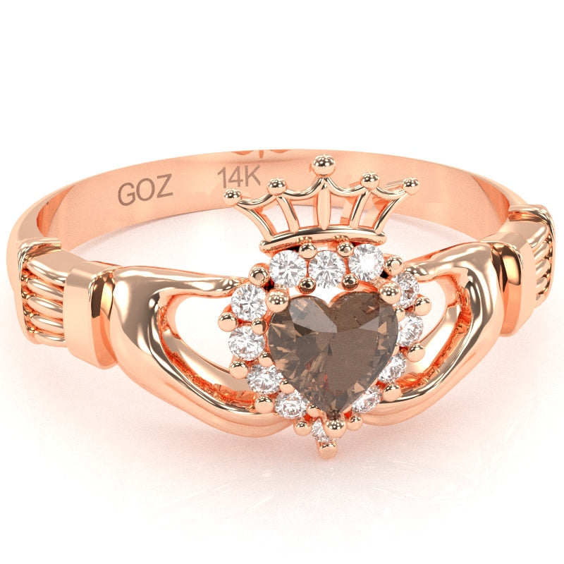 Claddagh Smoky Quartz Diamond Ring In Solid 14k Rose Gold