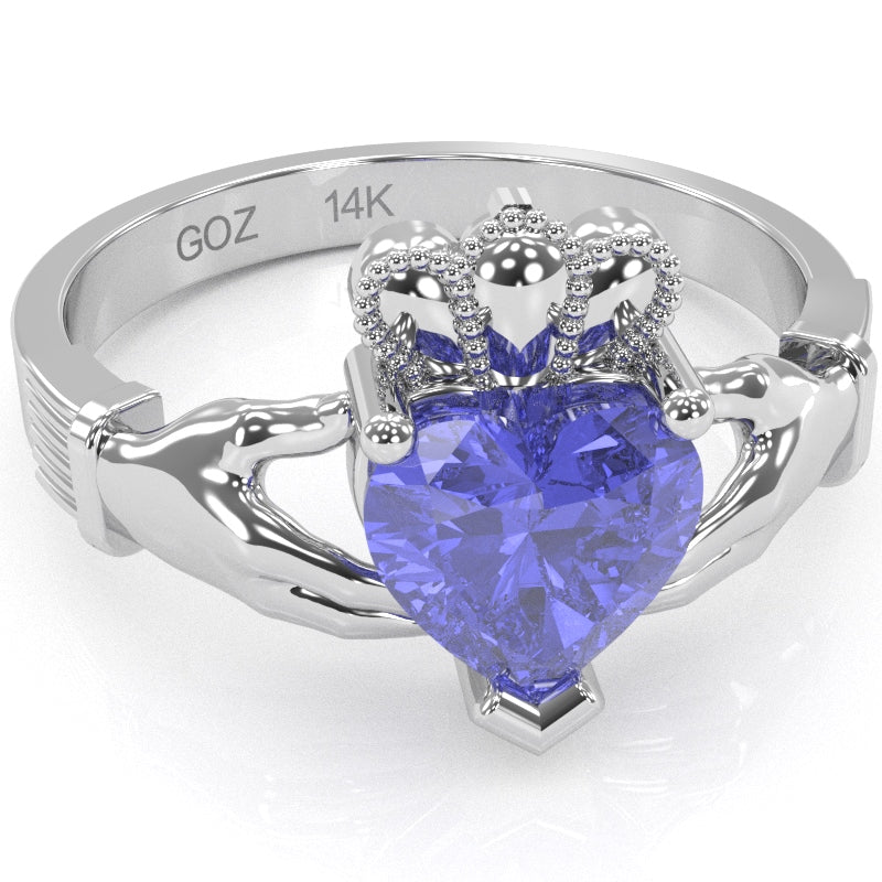 Claddagh Tanzanite Ring In Solid 14k White Gold