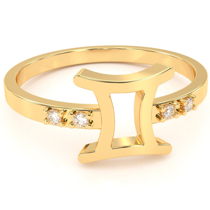 Gemini Zodiac Sign Diamond Ring In Solid 14k Yellow Gold