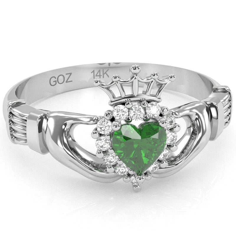 Claddagh Lab-Created Emerald Diamond Ring In Solid 14k White Gold