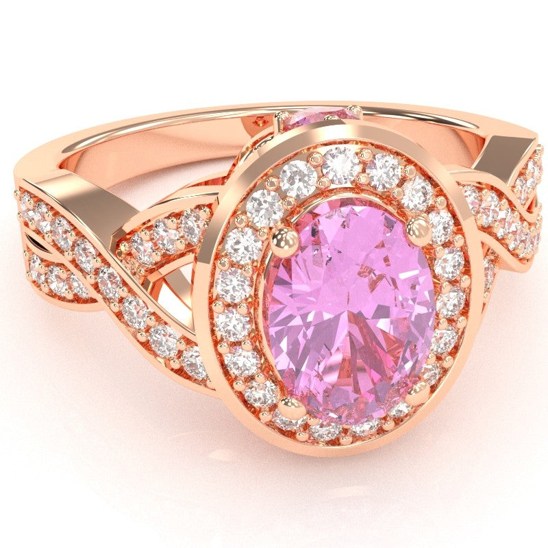 Three Stone Lab-Created Pink Sapphire Diamond Peekaboo Halo Engagement Ring In 14k Rose Gold