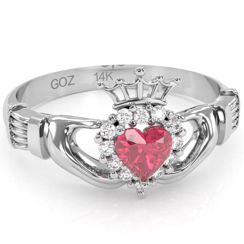 Claddagh Pink Tourmaline Diamond Ring In Solid 14k White Gold