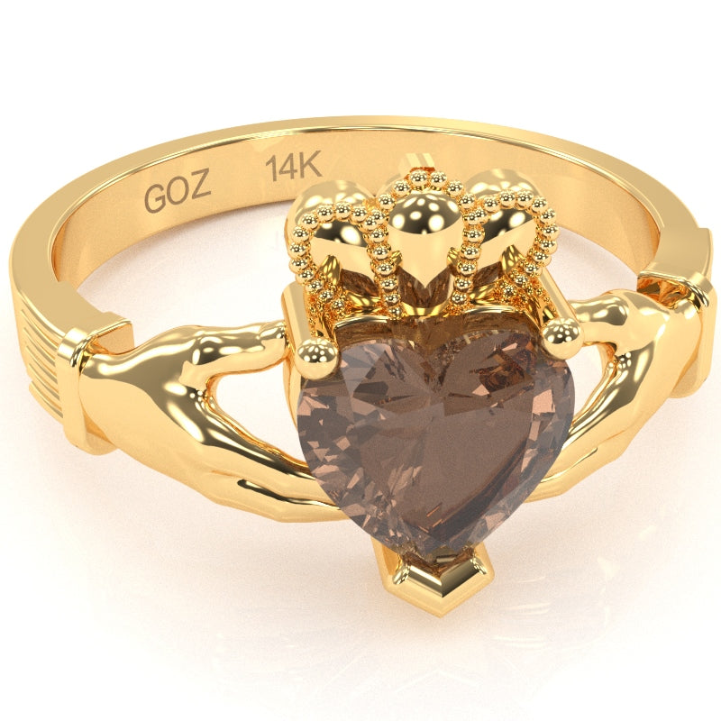 Claddagh Smoky Quartz Ring In Solid 14k Yellow Gold