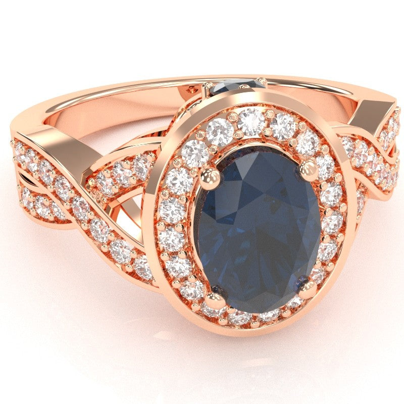 Three Stone Lab-Created Sapphire Diamond Peekaboo Halo Engagement Ring In 14k Rose Gold