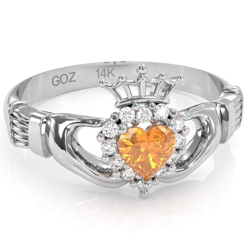 Claddagh Citrine Diamond Ring In Solid 14k White Gold