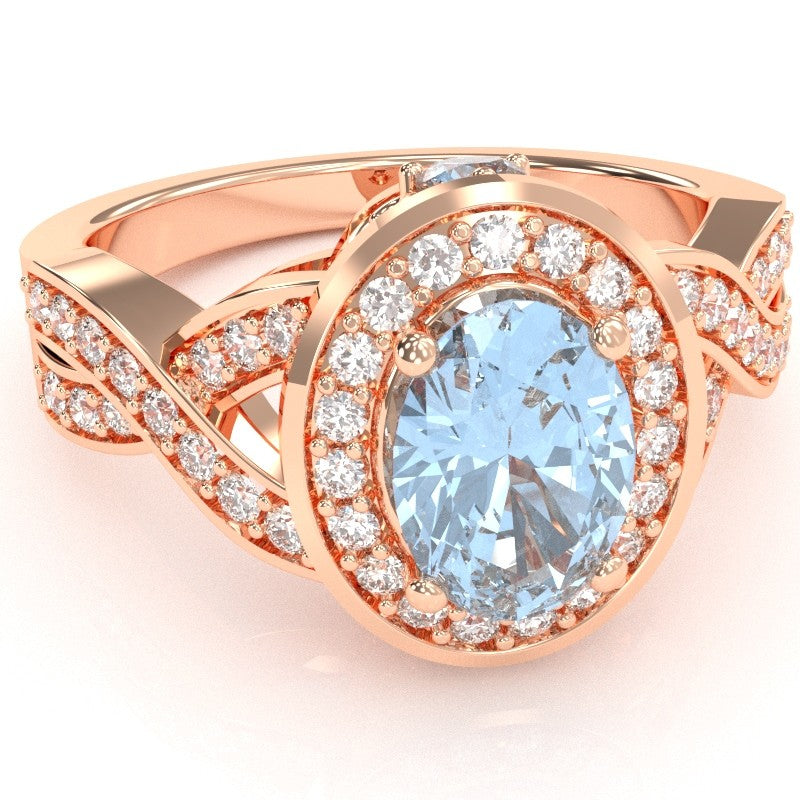 Three Stone Aquamarine Diamond Peekaboo Halo Engagement Ring In 14k Rose Gold