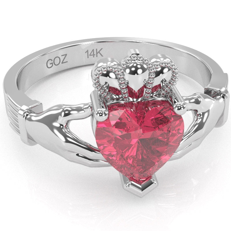 Claddagh Pink Tourmaline Ring In Solid 14k White Gold