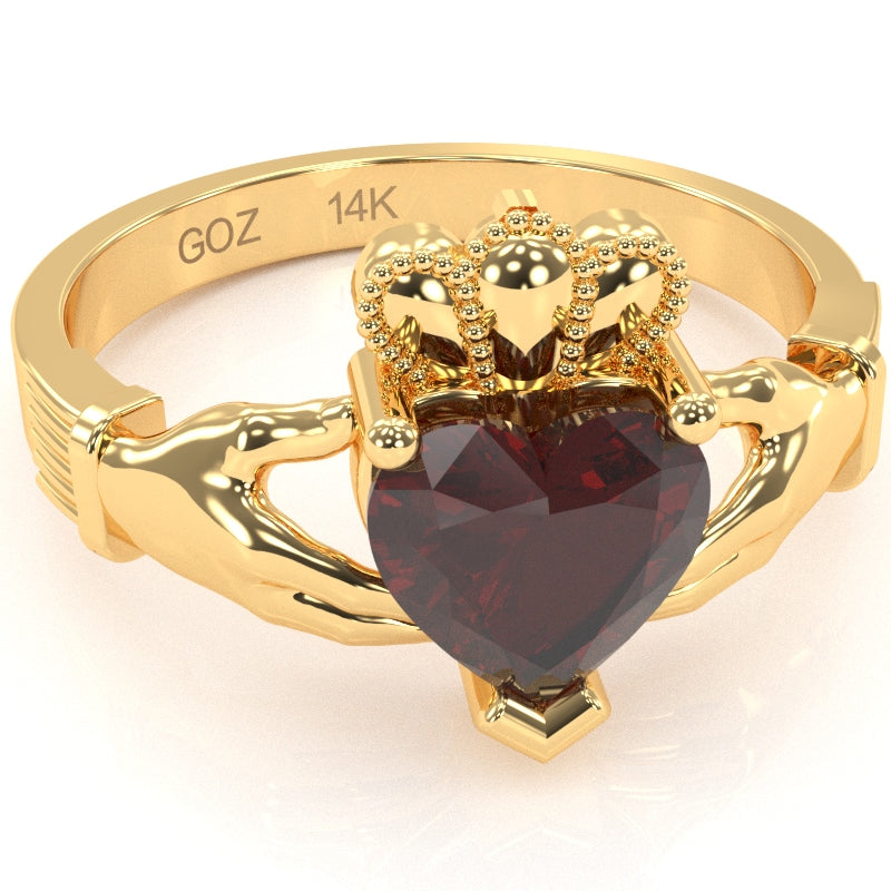Claddagh Garnet Ring In Solid 14k Yellow Gold