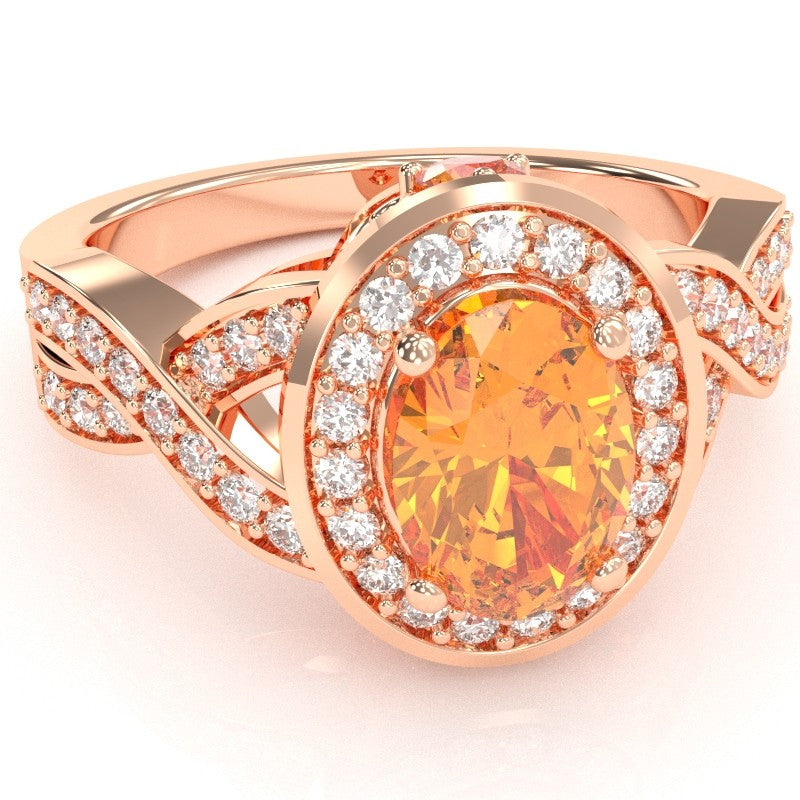 Three Stone Citrine Diamond Peekaboo Halo Engagement Ring In 14k Rose Gold