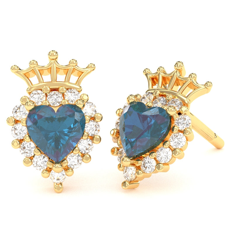 Lab-Created Alexandrite Diamond Claddagh motif Stud Earrings in 10k Yellow Gold