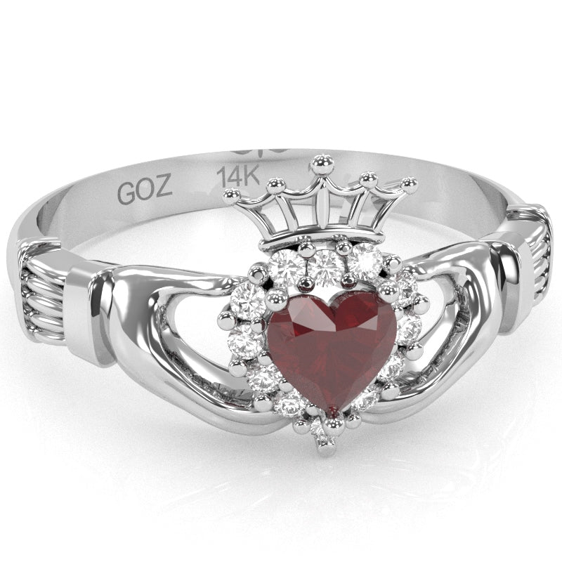 Claddagh Ruby Diamond Ring In Solid 14k White Gold