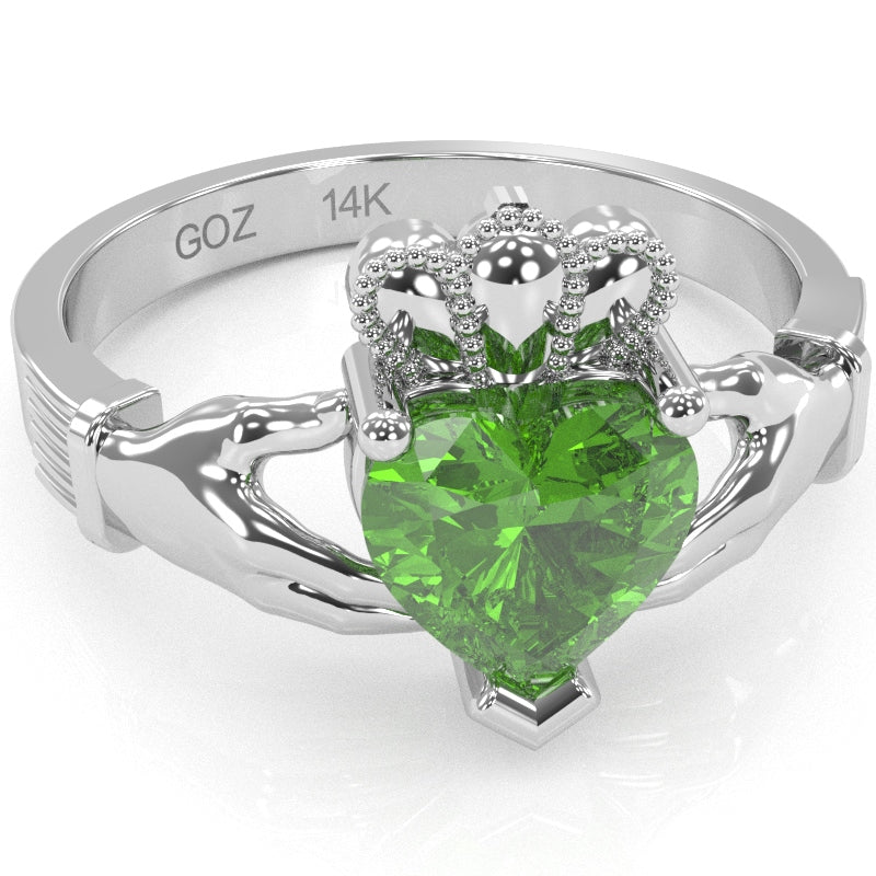 Claddagh Peridot Ring In Solid 14k White Gold