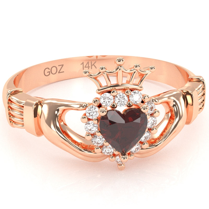 Claddagh Garnet Diamond Ring In Solid 14k Rose Gold