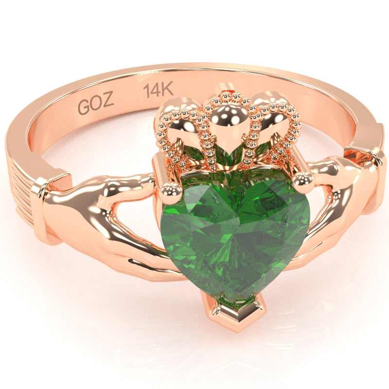 Claddagh Lab-Created Emerald Ring In Solid 14k Rose Gold