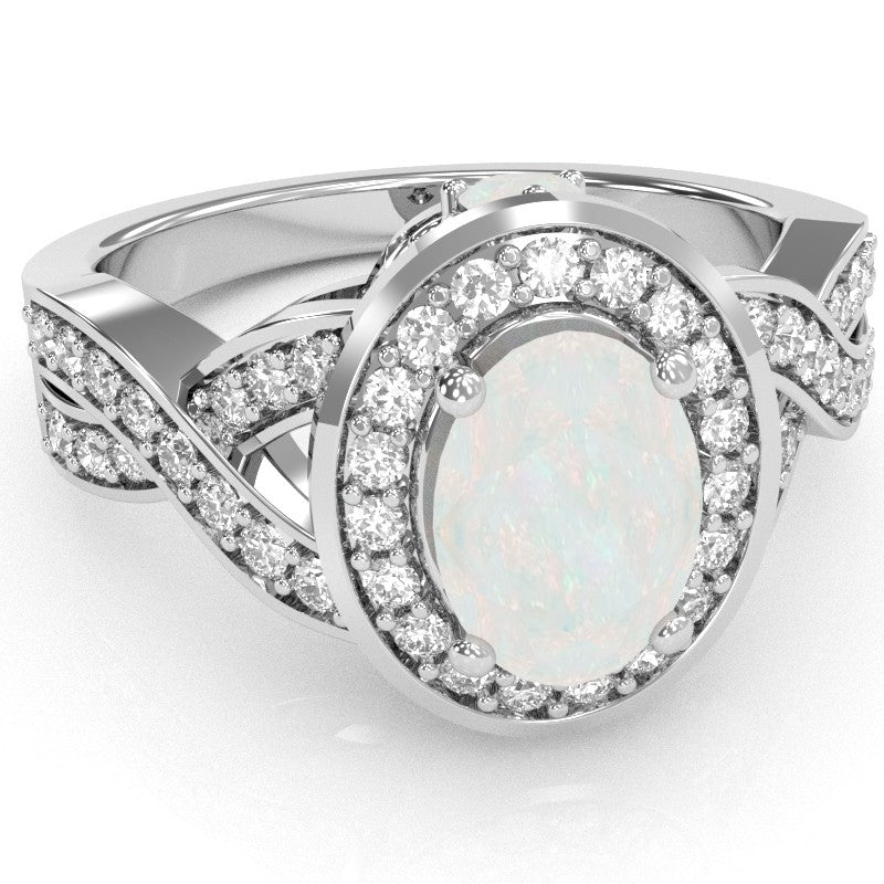 Three Stone Opal Diamond Peekaboo Halo Engagement Ring In 14k White Gold