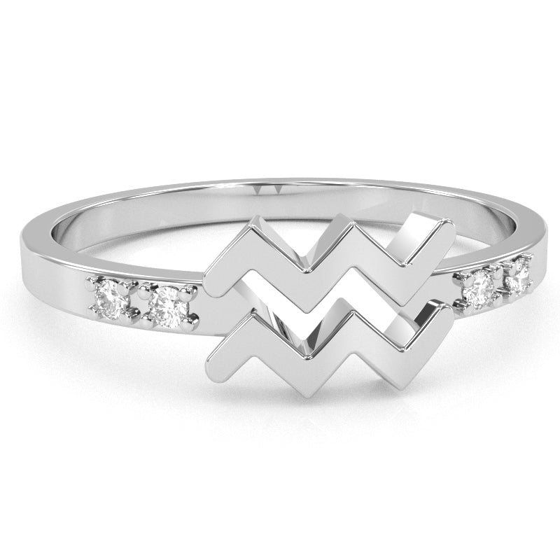 Aquarius Zodiac Sign Diamond Ring In Solid 10k White Gold