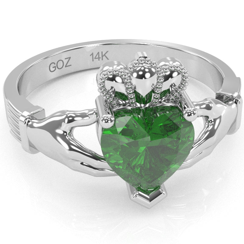 Claddagh Lab-Created Emerald Ring In Solid 14k White Gold