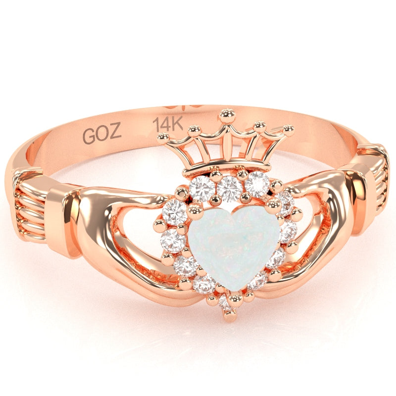Claddagh Opal Diamond Ring In Solid 14k Rose Gold