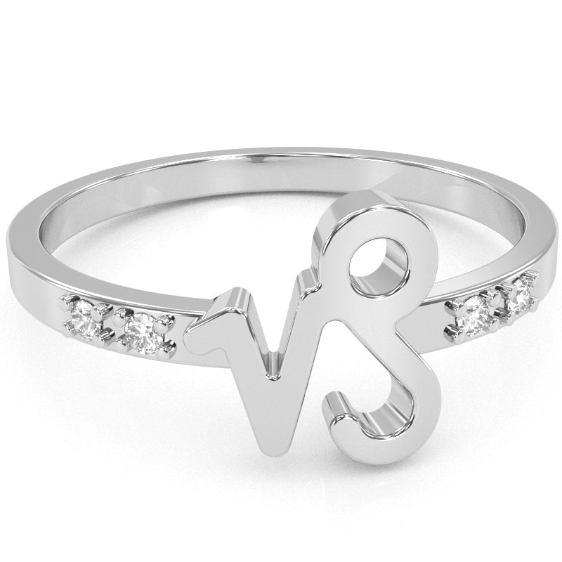 Capricorn Zodiac Sign Diamond Ring In Solid 14k White Gold